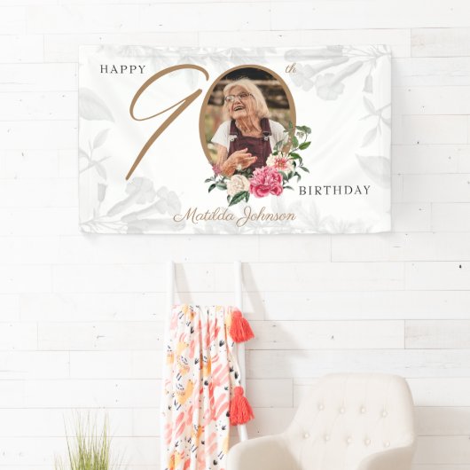 フローラ90誕生日エレガントホワイト金ゴールドカスタム 横断幕 (インサイチュ)