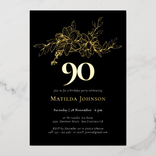 フローラ90誕生日ゴールドフォイル招待状 箔招待状 (正面)
