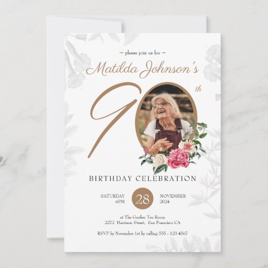 フローラ90誕生日ホワイト金ゴールド植物学カスタム校 招待状 (正面)