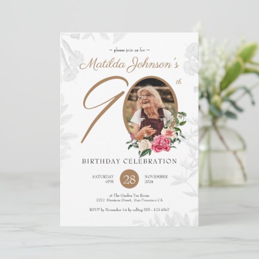 フローラ90誕生日ホワイト金ゴールド植物学カスタム校 招待状 (スタンド正面)