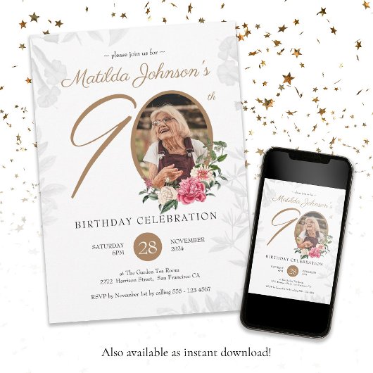 フローラ90誕生日ホワイト金ゴールド植物学カスタム校 招待状