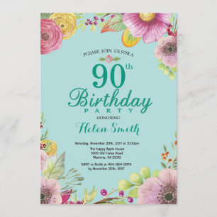 フローラ90誕生日招待状for Womenティール(緑がかった色) 招待状