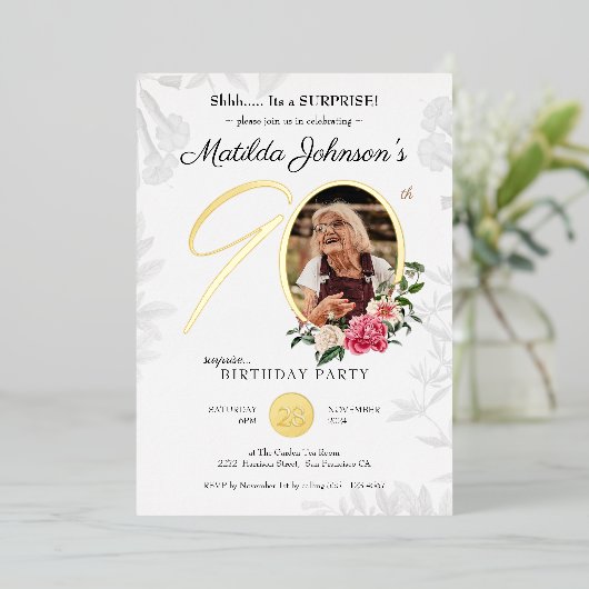 フローラ90thサプライズ誕生日シック植物写真 箔招待状 (立ち正面)