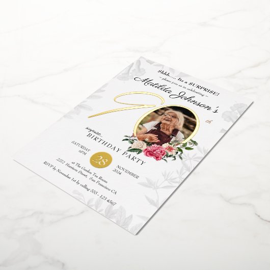 フローラ90thサプライズ誕生日シック植物写真 箔招待状 (回転した状態)