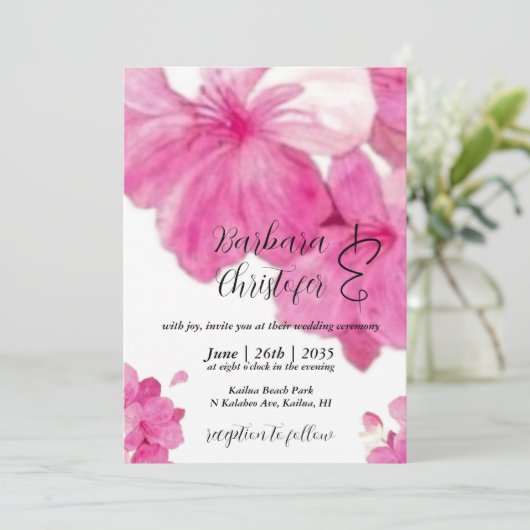フローラ、かわいらしハイビスカス結婚明るい赤紫色 招待状 (スタンド正面)