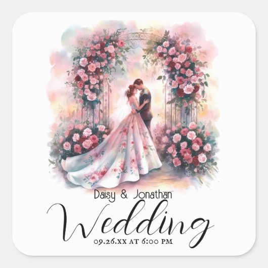 フローラ・アーチの下のロマン結婚クなカップル スクエアシール (正面)
