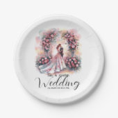 フローラ・アーチの下のロマン結婚クなカップル ペーパープレート (正面)