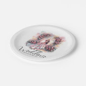 フローラ・アーチの下のロマン結婚クなカップル ペーパープレート (アングル)