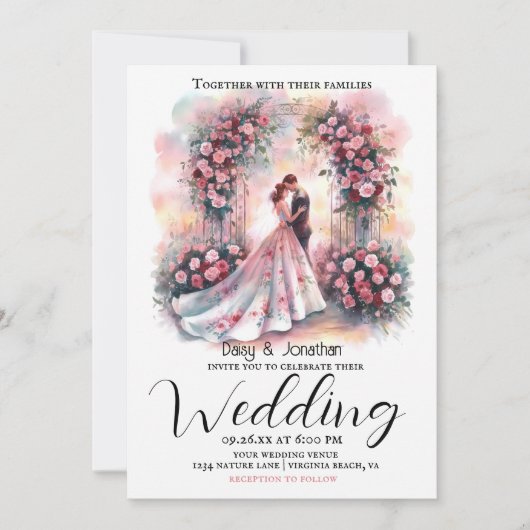 フローラ・アーチの下のロマン結婚クなカップル 招待状 (正面)