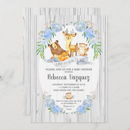 フローラ·ウッドランド·アニマルズ·ベイビー·シャワー招待状ボーイ 招待状 (正面/裏面)