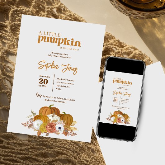 フローラ | オレンジ | 水の色かぼちゃの赤ちゃんシャワー 招待状