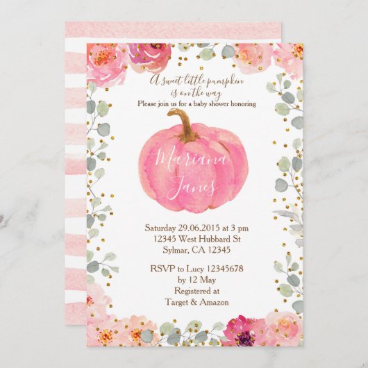 フローラ·ガール·カボチャ·ベビー·シャワー水彩ピンク 招待状 (正面/裏面)