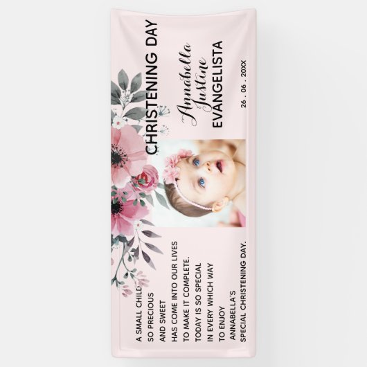 フローラ《キリスト教》洗礼式や命名式デイソフトピンク/グレーイベントパーティー 横断幕 (縦)