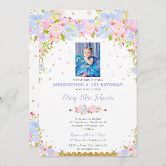 フローラ《キリスト教》洗礼式や命名式招待状1stバースデーガール 招待状 (正面/裏面)