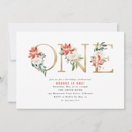 フローラ·クリス赤と白マス·ファースト·誕生日 招待状 (正面)