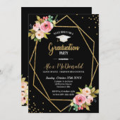 フローラ·ジオメトリック·ブラック·金ゴールド卒業パーティー 招待状 (正面/裏面)