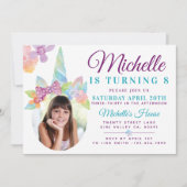 フローラ&ストライプユニコーンフォト誕生日招待状 招待状 (正面)