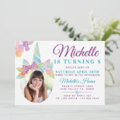 フローラ&ストライプユニコーンフォト誕生日招待状 招待状 (スタンド正面)