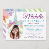 フローラ&ストライプユニコーンフォト誕生日招待状 招待状 (正面/裏面)