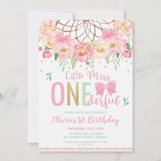 フローラ·ドリーム·キャッチ恋しく思ャーが1歳の誕生日 招待状 (正面)