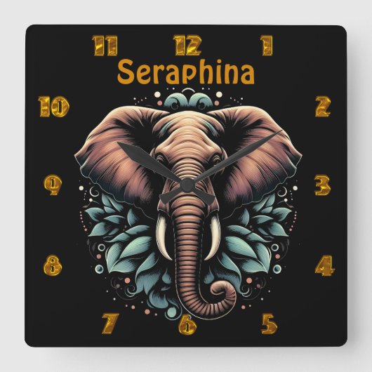 フローラ・ドーン・エレファントアート装飾用クッション スクエア壁時計 (正面)