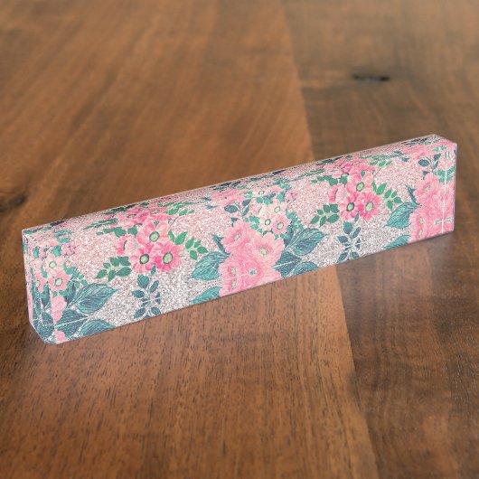 フローラ&ピンクガーリーシルバーグラデーショングリッターデザイン デスクネームプレート (側面)