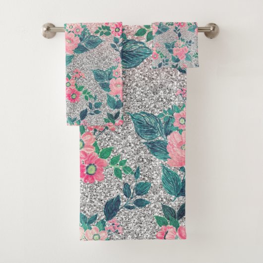 フローラ&ピンクガーリーシルバーグラデーショングリッターデザイン バスタオルセット (インサイチュ)
