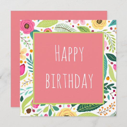 フローラ – ピンクハッピーバースデーカード 招待状 (正面/裏面)