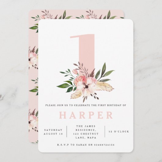フローラ·ピンク誕生日パーティーの招待 招待状 (正面/裏面)
