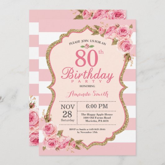 フローラ·ピンク·ピニーズ80歳誕生日パーティーの招待 招待状 (正面/裏面)