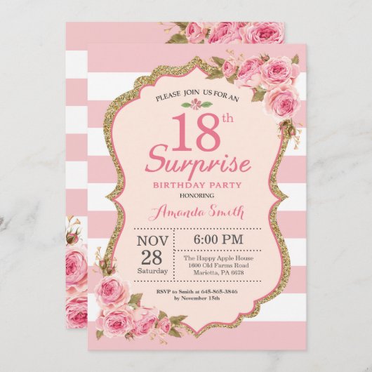 フローラ·ピンク·ピニーズ·サプライズ18歳の誕生日パーティー 招待状 (正面/裏面)