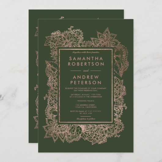 フローラ·フェイクバラ·金ゴールド·フレーム·ハンター·グリ結婚ーンズ 招待状 (正面/裏面)