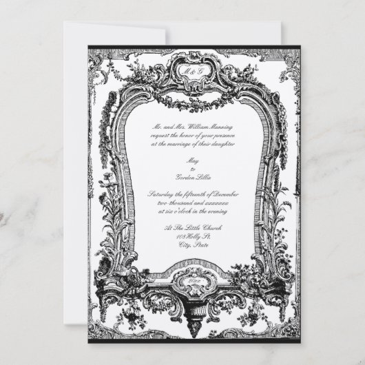 フローラ、フルーツ、バードバロックのロココフレーム結婚ズ 招待状 (正面)