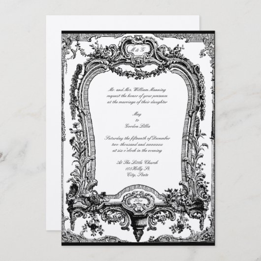 フローラ、フルーツ、バードバロックのロココフレーム結婚ズ 招待状 (正面/裏面)