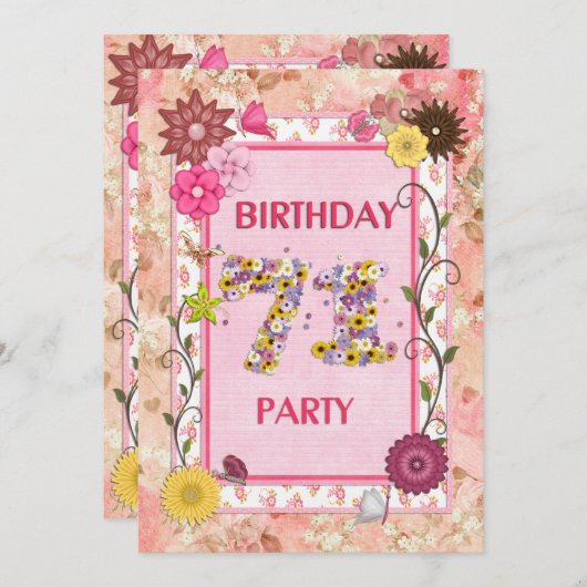 フローラ・フレーム付き第71回誕生日パーティー招待状 招待状 (正面/裏面)