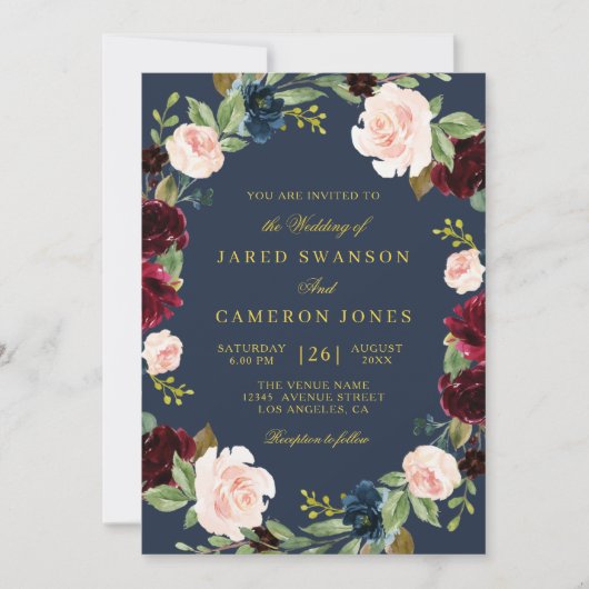 フローラ·ブルーガンエレガントディ·ネービー·結婚式招待状 招待状 (正面)