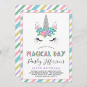 フローラ·ユニコーン·パステル·バースデー·パーティー 招待状 (正面/裏面)