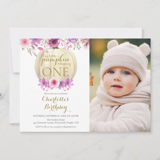 フローラ・リトル・パンプキン・ガールズ1歳の誕生日写真 招待状 (正面)