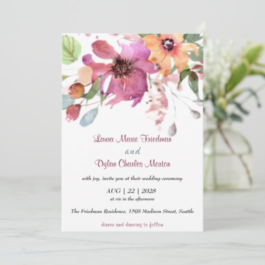 フローラ、明るい赤紫色、オレンジ色の花招待状 招待状 (スタンド正面)