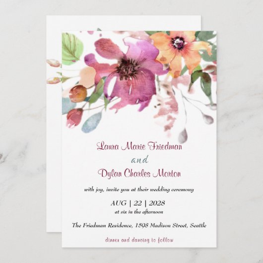 フローラ、明るい赤紫色、オレンジ色の花招待状 招待状 (正面/裏面)