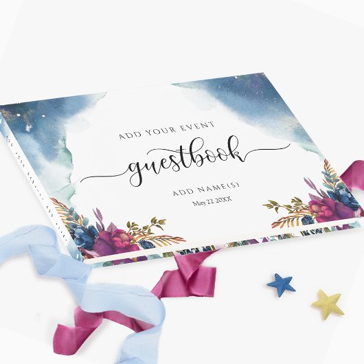 フローラ、星空の青いティール(緑がかった色)と紫 ゲストブック