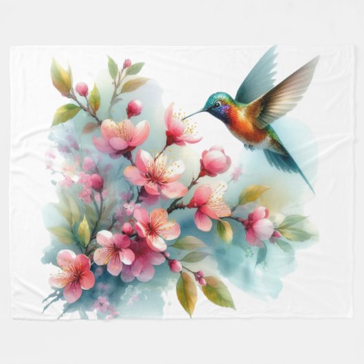 フローラ/春ハミングバードのアートワーク フリースブランケット (正面(横))