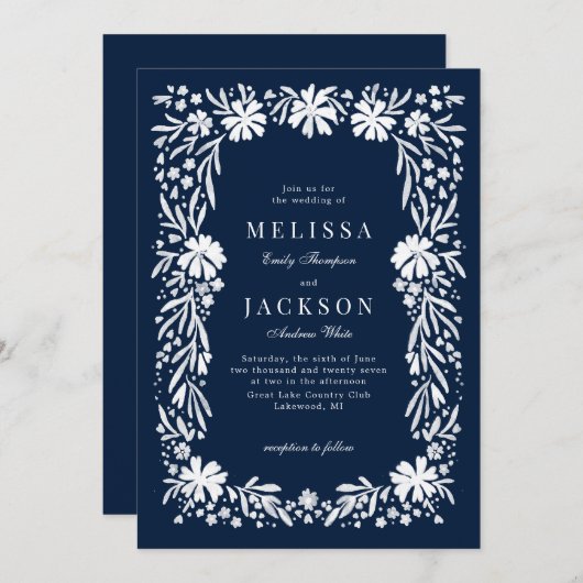 フローラ・植物海軍フレーム結婚式招待状 招待状 (正面/裏面)