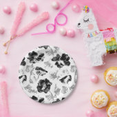 フローラ，白黒，黒，白，花，花 ペーパープレート (パーティー)