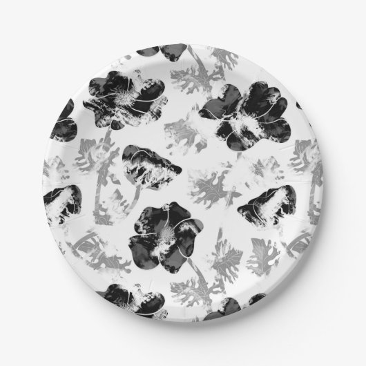 フローラ，白黒，黒，白，花，花 ペーパープレート (正面)