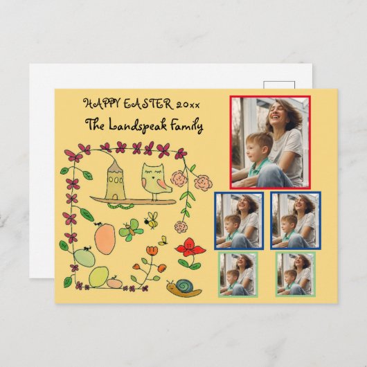 フローラ、自然、フクロウハッピーイースター5枚コラージュ ポストカード (正面/裏面)