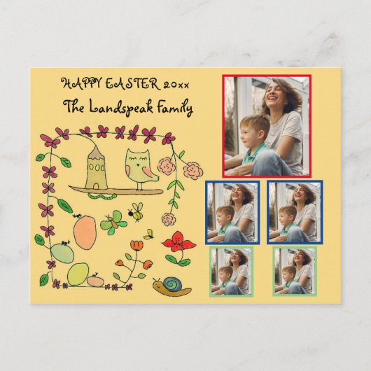 フローラ、自然、フクロウハッピーイースター5枚コラージュ ポストカード (正面)