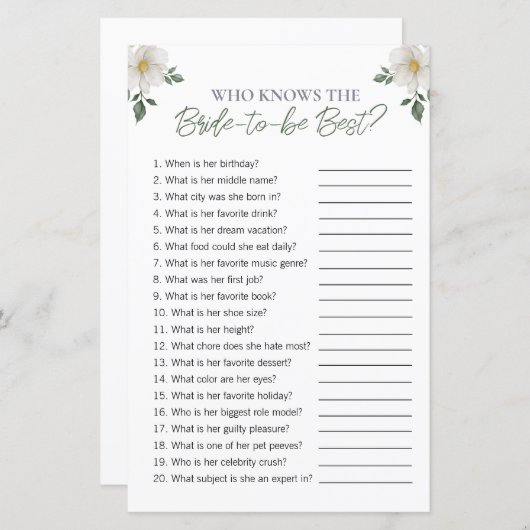 フローラ「花嫁を知っている人」ブライダルシャワーゲーム (正面/裏面)