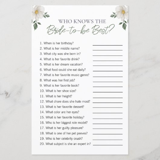 フローラ「花嫁を知っている人」ブライダルシャワーゲーム (正面)