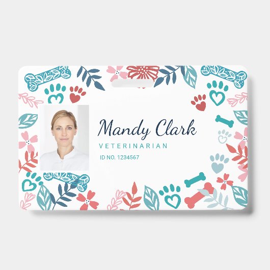 フローラ&葉っぱPet Paw印刷パターン写真ID バッジ (表面)